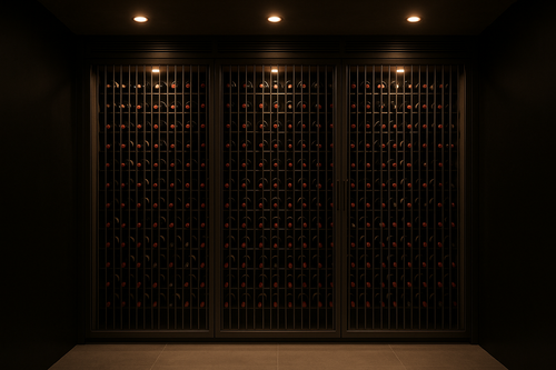 now make it so the wine bottles are from floor to ceiling, with dark feature walls